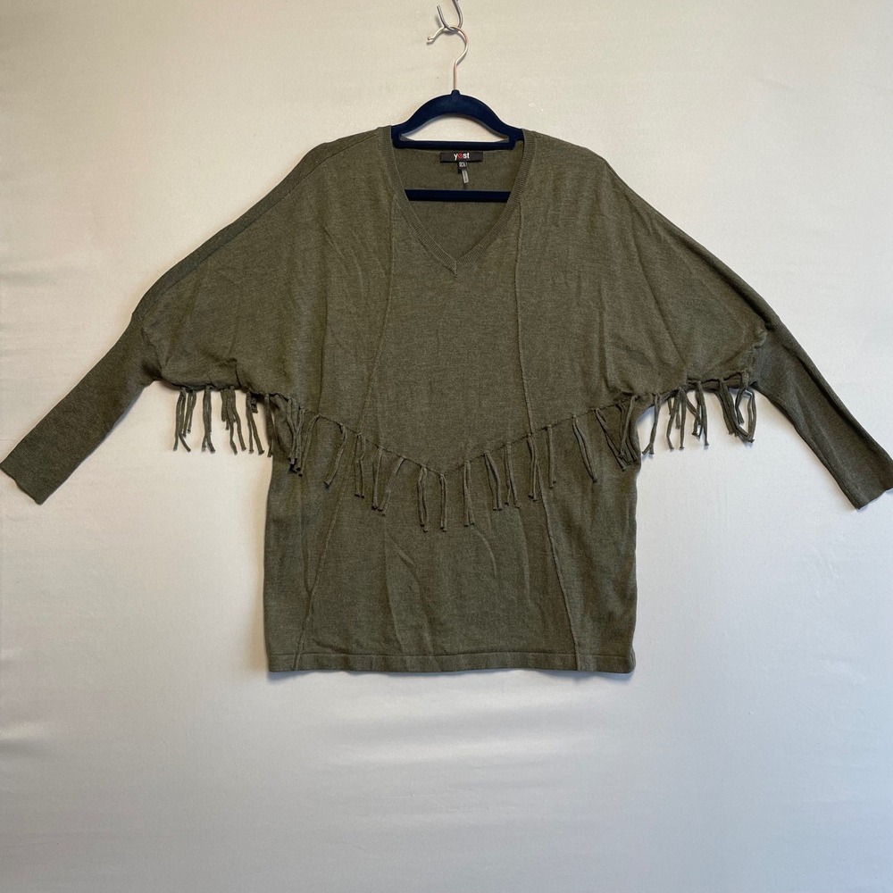 Yest Olive Green V Neck Fringe Dolman Sleeve Knit Sweater Women US 6‎